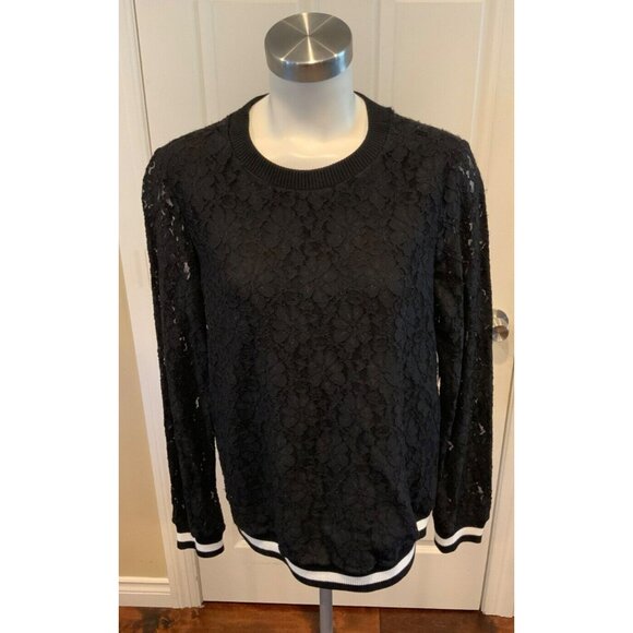Michael Kors Black Floral Lace Long Sleeve Shirt W/Striped Elastic, Size M - Picture 1 of 8